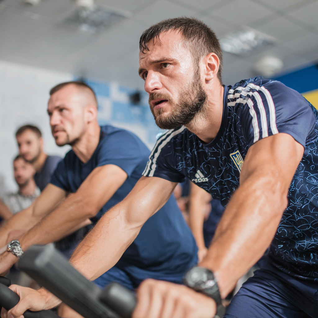 Сильний чоловік виконує вправи з важкими гантелями у сучасному тренажерному залі, демонструючи фізичну силу та впевненість
